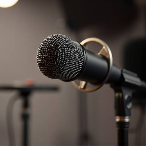 Close-up of a high-quality Rode podcasting microphone on a boom arm.