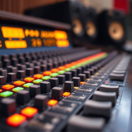 Close-up view of a professional recording console with illuminated buttons and faders.
