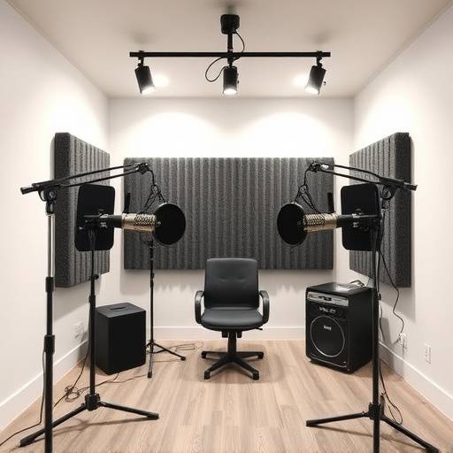 Professional podcast studio setup with microphones and soundproofing