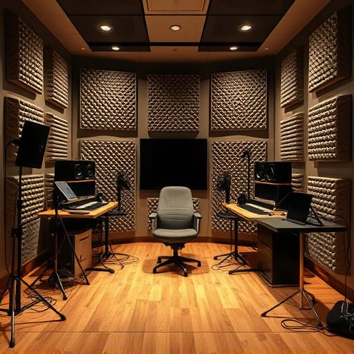 The interior of a newly renovated podcast recording booth at Echo Chamber Studios, showcasing acoustic paneling and professional equipment.